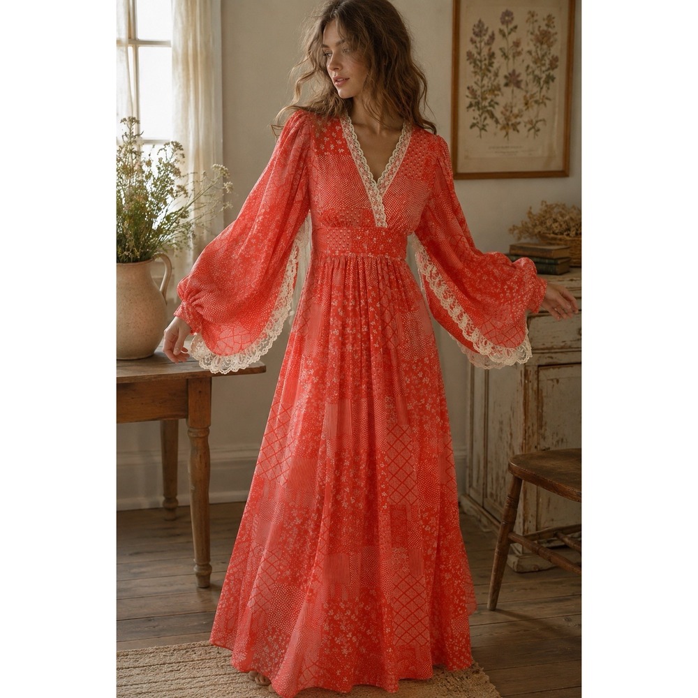 Vtg HANDMADE 70s Prairie Maxi Dress Lace Trim Patchwork GunneSax Style XXS/XS
